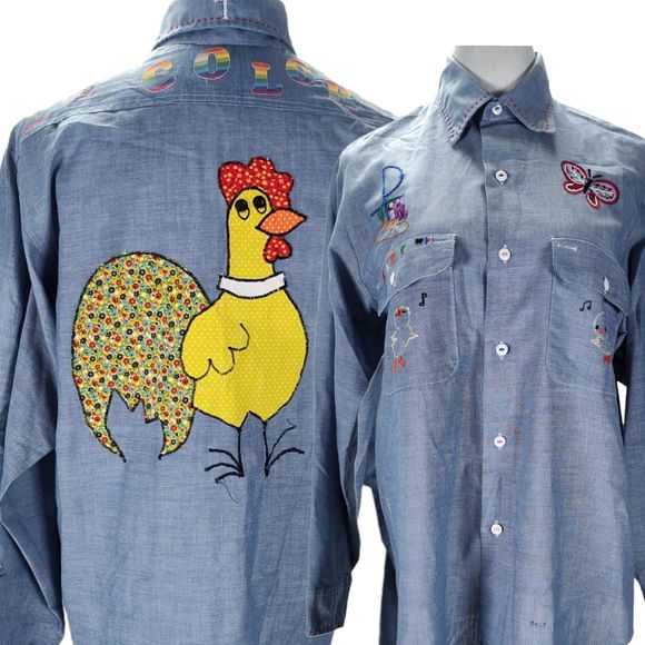 JC Penney Tops - Vintage 70s Embroidered Work Shirt Size L Chambray De Colores Chicken